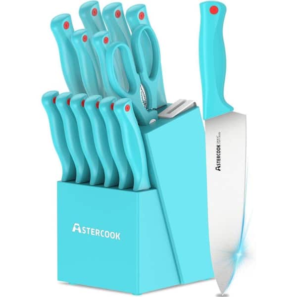 Adrinfly 15-Piece Stainless Steel German Knife Set with Wooden Block and Knife Sharpener in Teal