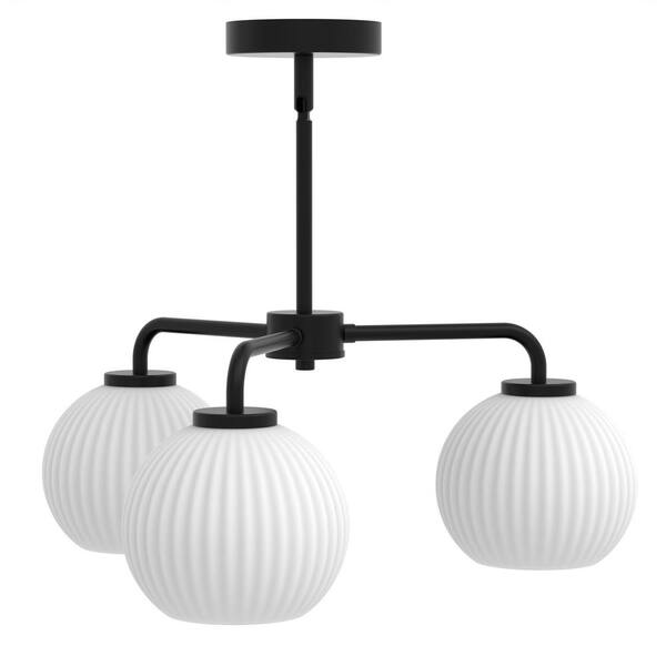 YANSUN 20 in. 3-Light Black Modern Semi-Flush Mount Pendant Lighting, Adjustable Height with Glass Shades for Dining Room