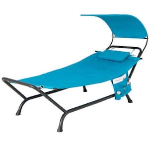 Metal Hanging Patio Chaise Lounge Chair with Navy Cushion Pillow and Storage Bag