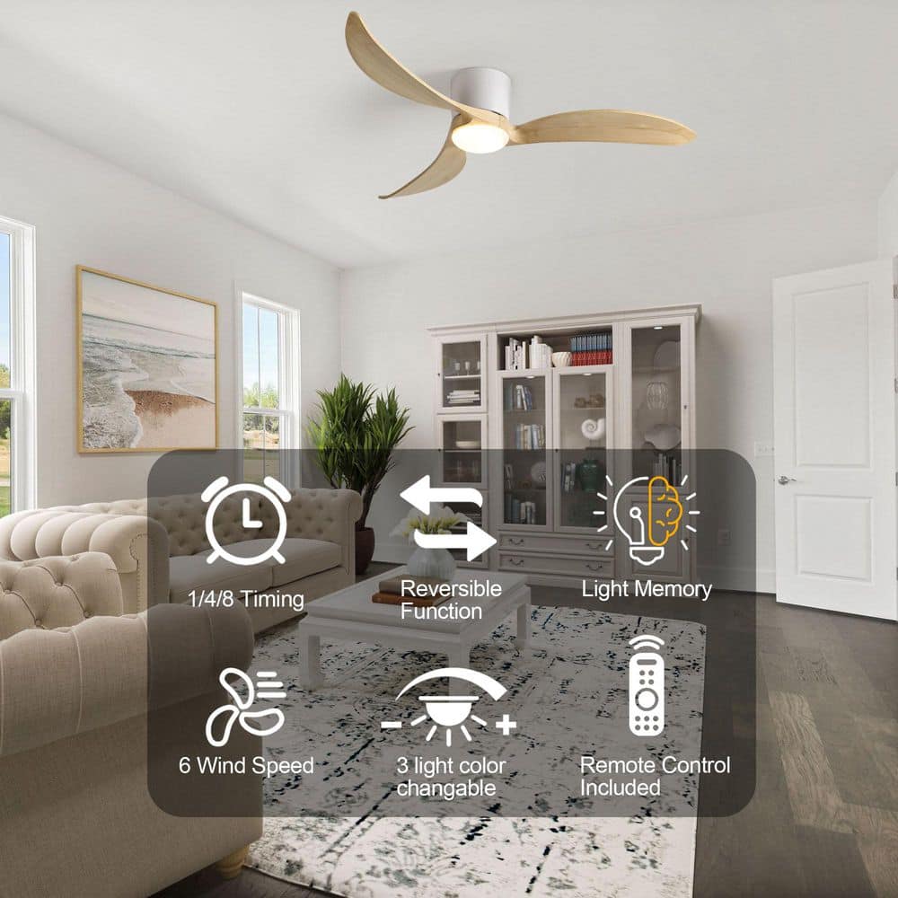 52 in. White Indoor Flush Mount Standard Wood Blade Ceiling Fan with Remote Control for Living Room