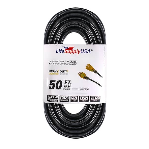 3 ft Extension Cord 10/3 SJTW with Lighted end Black Indoor Outdoor Heavy Duty Extra Durability 15 AMP 125 Volts 1875 Watts by LifeSupplyUSA 
