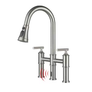 Double Handle Pull-Out Sprayer Bridge Kitchen Faucet with Infrared Sensor in Brushed Nickel