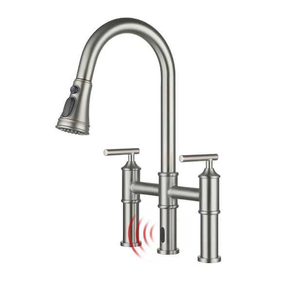 CASAINC Double Handle Pull-Out Sprayer Bridge Kitchen Faucet with Infrared Sensor in Brushed Nickel