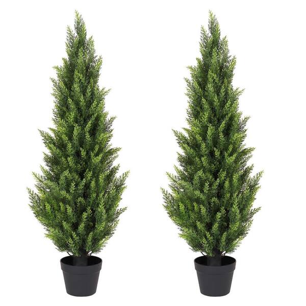 Zeus & Ruta 4 ft. Artificial Cedar Tree in Pot, Outdoor Artificial UV Rated Shrubs Potted Faux Bushes Plant for Decorative Set of 2