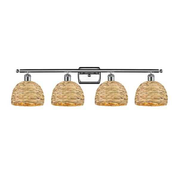 Woven Rattan 38 in. 4-Light Polished Chrome Vanity Light with Rattan Shade