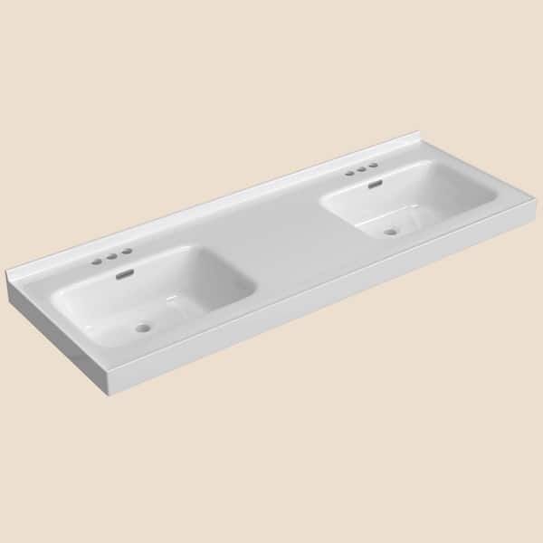61 in. D x 22 in. W Solid Surface Rectangular Double Sink Vanity Top in White with Backsplash for 60 in. Bath Cabinet