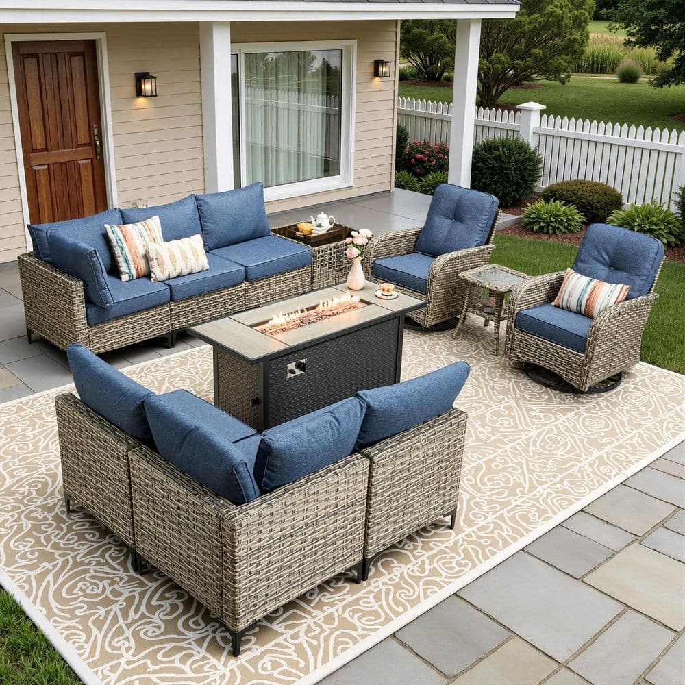 Reno 11-Piece Wicker Outdoor Patio Fire Pit Conversation Sectional Sofa Set with Swivel Chairs and Denim Blue Cushions price history on PriceWatchPro