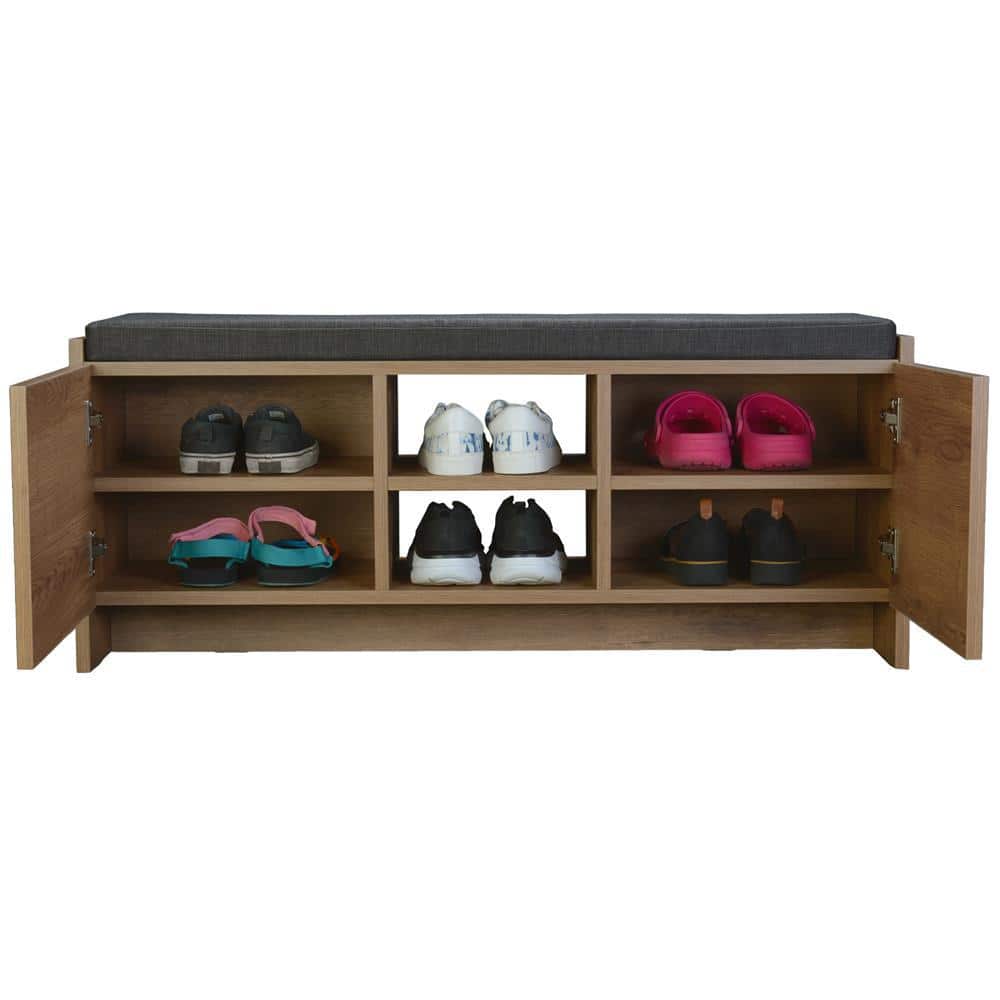 Rustic Walnut Shoe Storage Bench with Shelves and Cushion