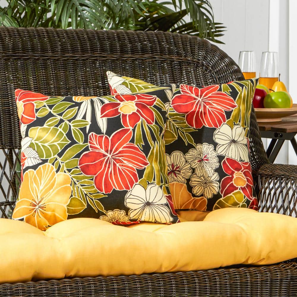 Aloha Black Floral 17" Square Outdoor Throw Pillow Set