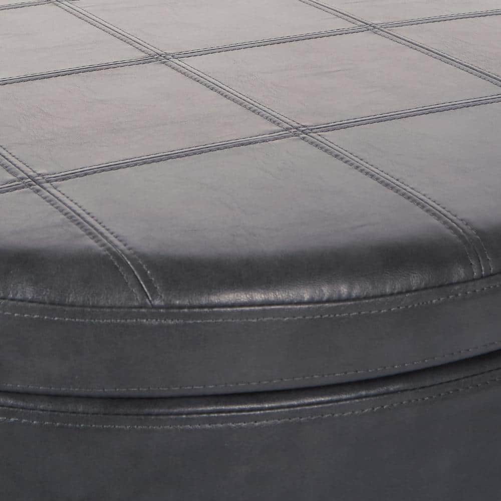 29" Round Pewter Faux Leather Storage Ottoman with Tray