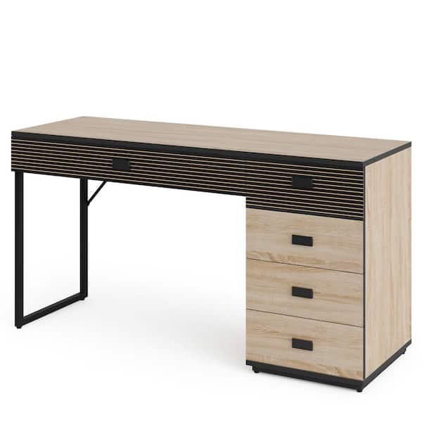 TRIBESIGNS WAY TO ORIGIN Perry 55.12 in. Modern Walnut Wood Home Office Computer Table Desk Study Writing Workstation Reversible Drawer Cabinet