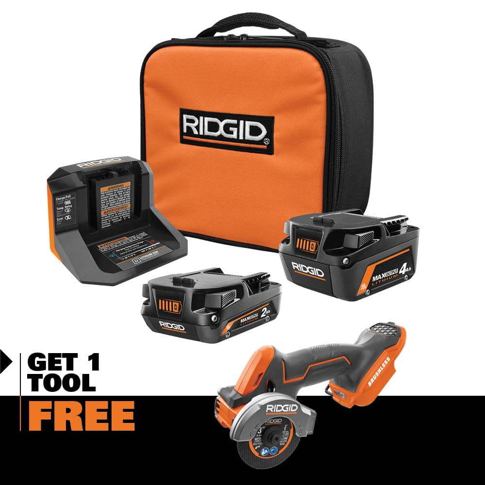 RIDGID 18V MAX Output Kit with 4.0 Ah MAX Output Battery, 2.0 Ah Battery,  Charger  18V SubCompact Brushless Multi-Material Saw AC8400240SB-R87547B  The Home Depot