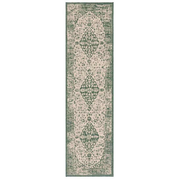 Courtyard Beige/Dark Green 2 ft. x 8 ft. Medallion Floral Border Indoor/Outdoor Runner Rug
