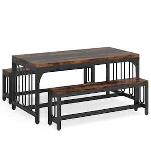 Halseey 3-piece Rectangular Rustic Brown Wood Top Dining Table Set for 4-6 Person