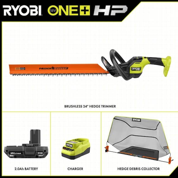 ONE+ HP 18V Brushless 24 in. Cordless Battery Hedge Trimmer with Debris Collector and 2.0 Ah Battery and Charger