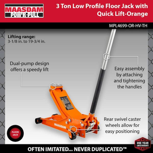 3-Ton Low Profile Floor Jack with Quick Lift in Orange