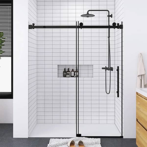 Boosicavelly 68-72 in. W x 76 in. H Single Sliding Frameless Shower Door in Matte Black Finish with Tempered Glass