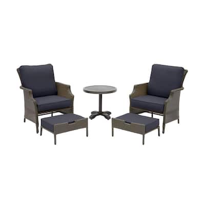 Grayson 5-Piece Ash Gray Wicker Outdoor Patio Small Space Seating Set with CushionGuard Midnight Navy Blue Cushions
