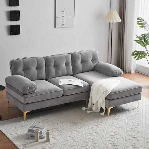 Harper & Bright Designs 82.6 in. W Square Arm Velvet Upholstered L-Shaped Sectional Sofa in Light Gray with Gold Metal Legs