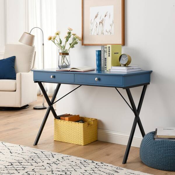 blue writing desk with drawers