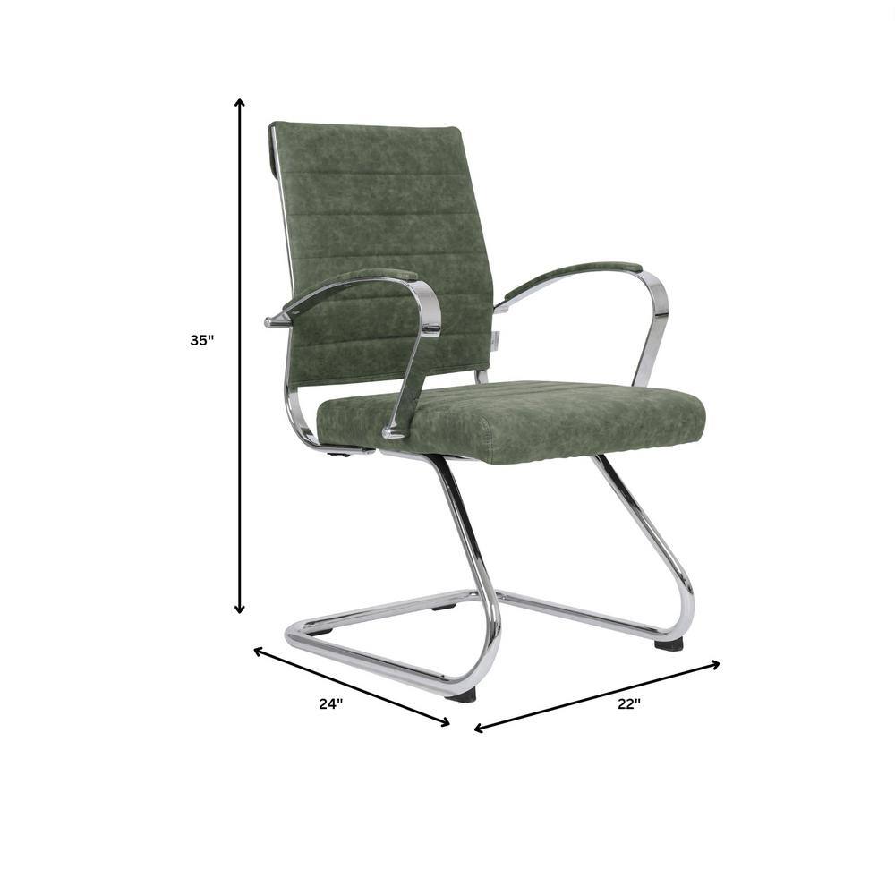 Green Leather Office Chair with Fixed Arms and Metal Frame