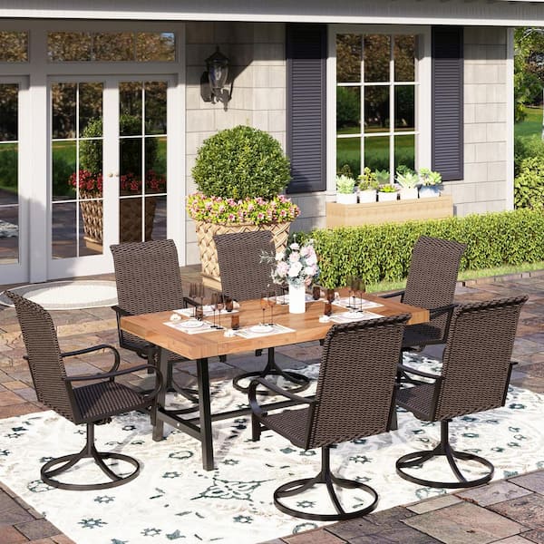 PHI VILLA 7-Piece Metal Patio Outdoor Dining Set with Brown Rattan High Back Swivel Chairs