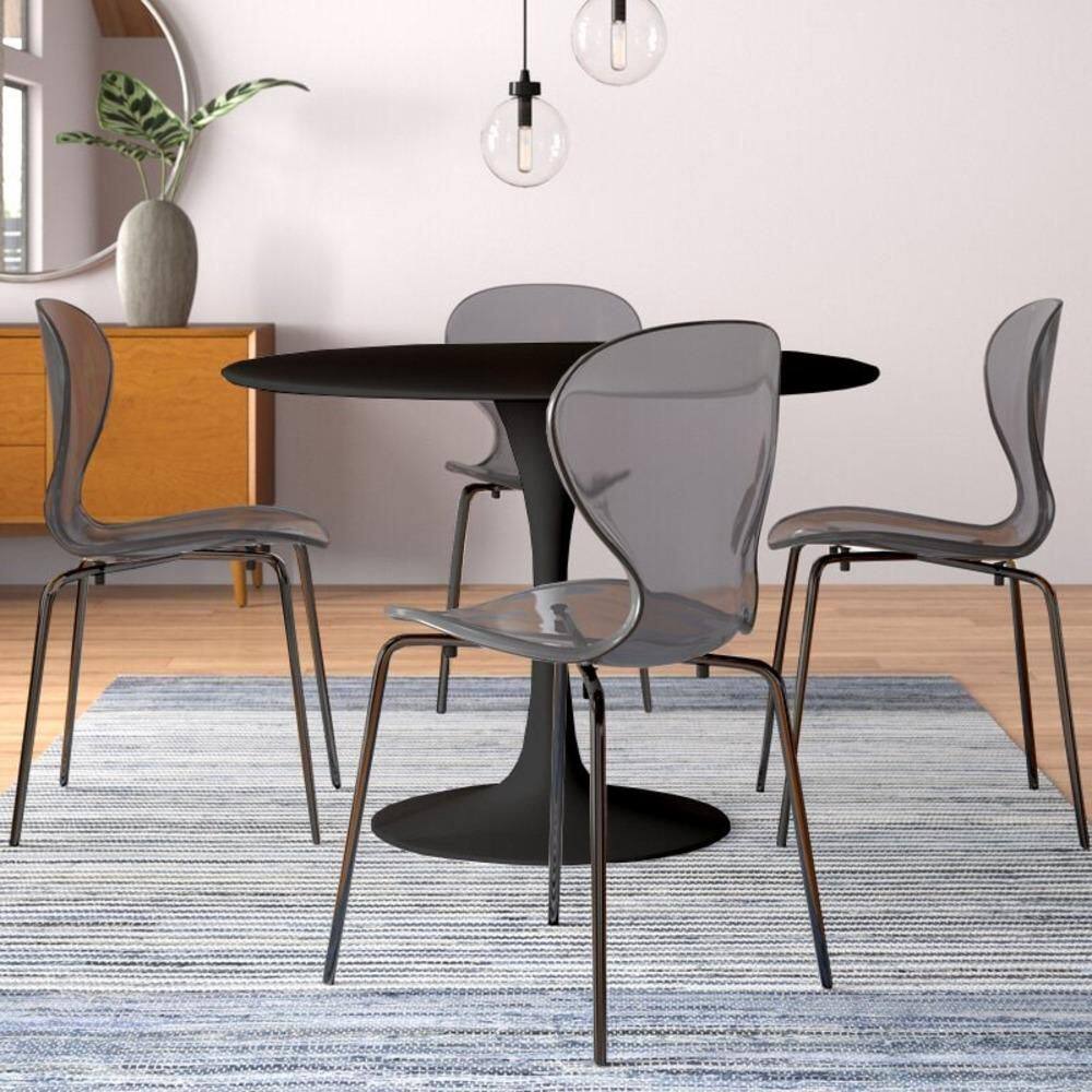 Bristol 5-Piece Dining Set Round Black MDF Dining table and 4-Stackable Accent Dining Chairs in Transparent Black