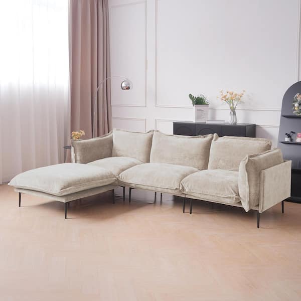 111 in. 4-Piece Tapered Arm Velvet L-Shaped Sectional Sofa,Deep Seat Cloud Couch for Small Space with Ottoman in Tannish