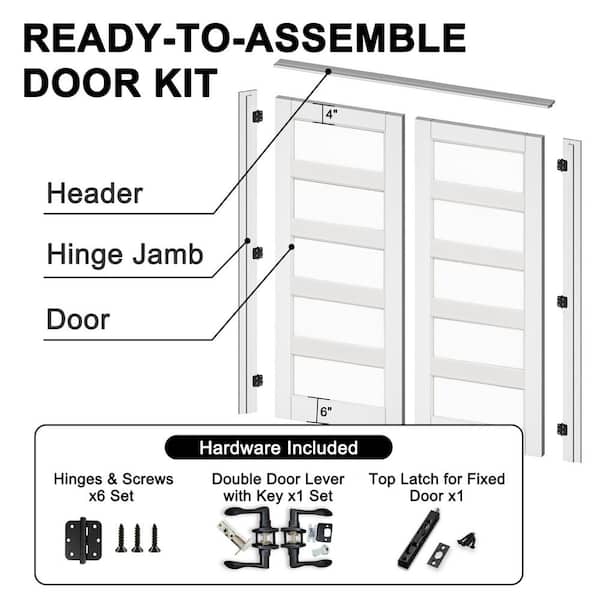 72 in. x 80 in. Universal 5-Lite Clear Glass White Solid Core Wood Double Prehung French Door with Quick Assemble Jamb