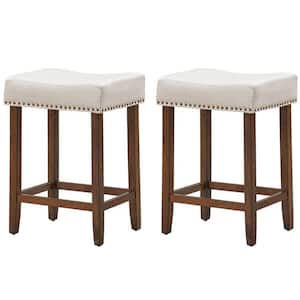 24 in. Beige Backless Wooden Nailhead 24 in. Upholstered Saddle Bar Stools with Wooden Legs (Set of 2)