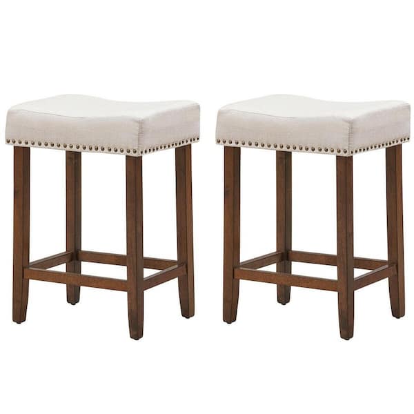 FORCLOVER 24 in. Beige Backless Wooden Nailhead 24 in. Upholstered Saddle Bar Stools with Wooden Legs (Set of 2)