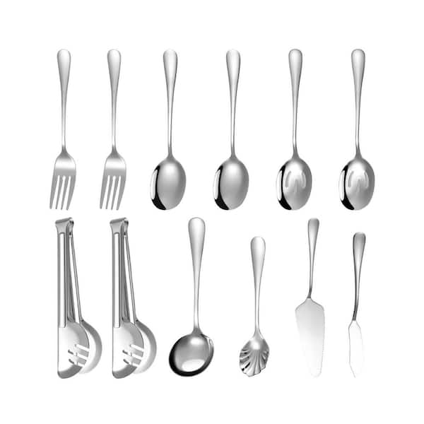 Silver Stainless Steel Serving Utensils Set Includes Spoon Fork Tong Pie Server for Buffet Banquet Dishwasher Safe 12PCS