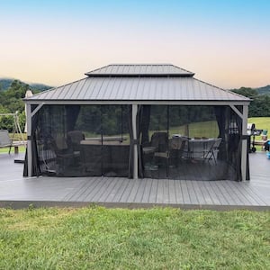 14 ft. x 20 ft. Light Gray Patio Outdoor Gazebo for Backyard Hardtop Aluminum Frame with Upgrade Curtain and Netting