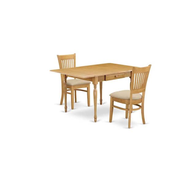 East West Furniture 3-Piece Natural Brown Oak Finish Solid Wood Top with Dropleaf Dining Table Set