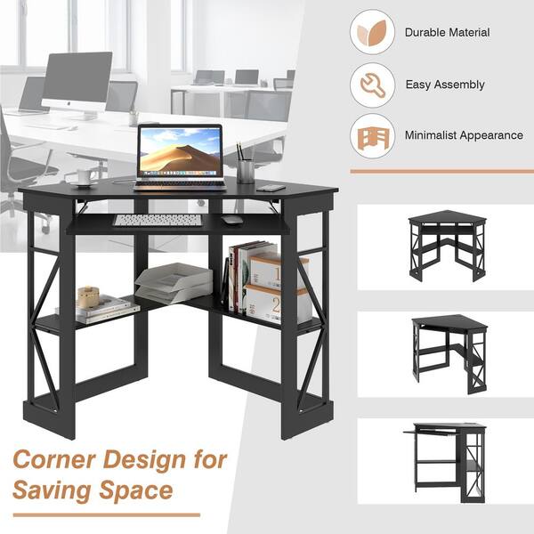 VECELO - Corner Computer Desk with Built-In Charging Station, Keyboard Tray and Storage Shelves, 41 in. Triangle Table, Black