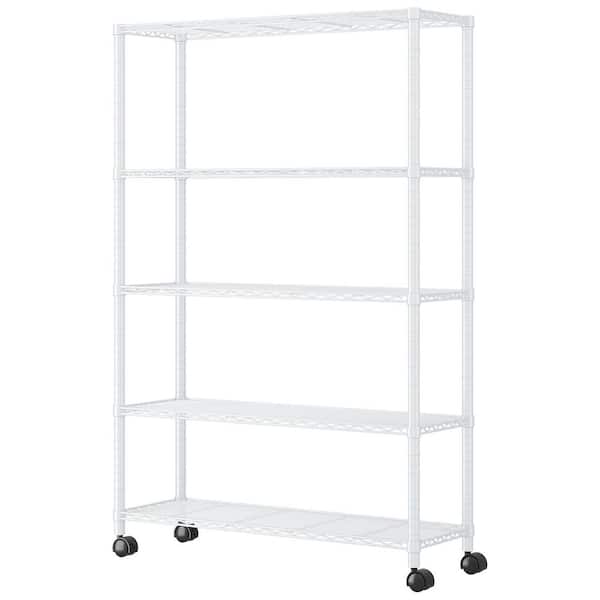 Metal Wire 5-Shelf Adjustable Rolling Shelving Unit in White (35.4 in. W x 65 in. H x 13.8 in. D)