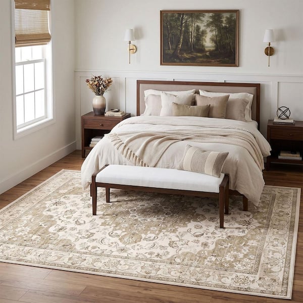 8 ft. x 10 ft. Beige Vintage Pattern Living Room Rug, Easy Spot Clean Indoor Rug, Soft Non-Slip Backing Area Rug