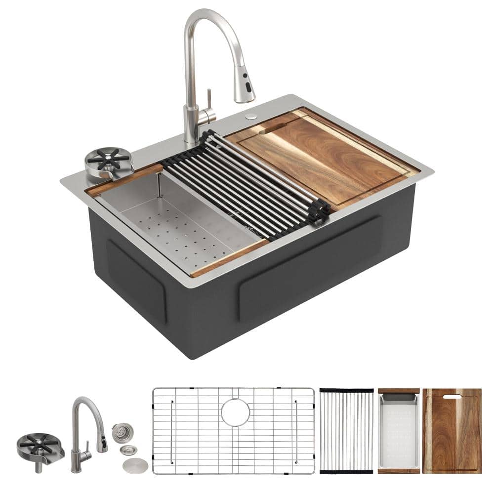 30 in. Drop-In 16-Gauge Stainless Steel Workstation Kitchen Sink Single Bowl with Faucet & Glass Rinser Durable price history on PriceWatchPro