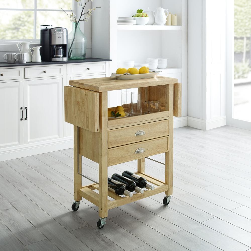 Bristol Natural Wood Drop-Leaf Kitchen Cart with Storage