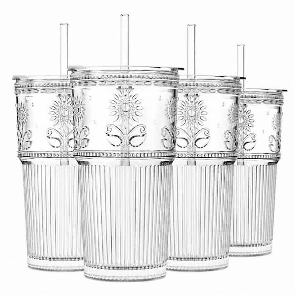 Set of 4 20 oz. Sunflower Glass Cup with Lid Straw 3.54 x 6.69 in. Iced Coffee Smoothie Travel Tumbler