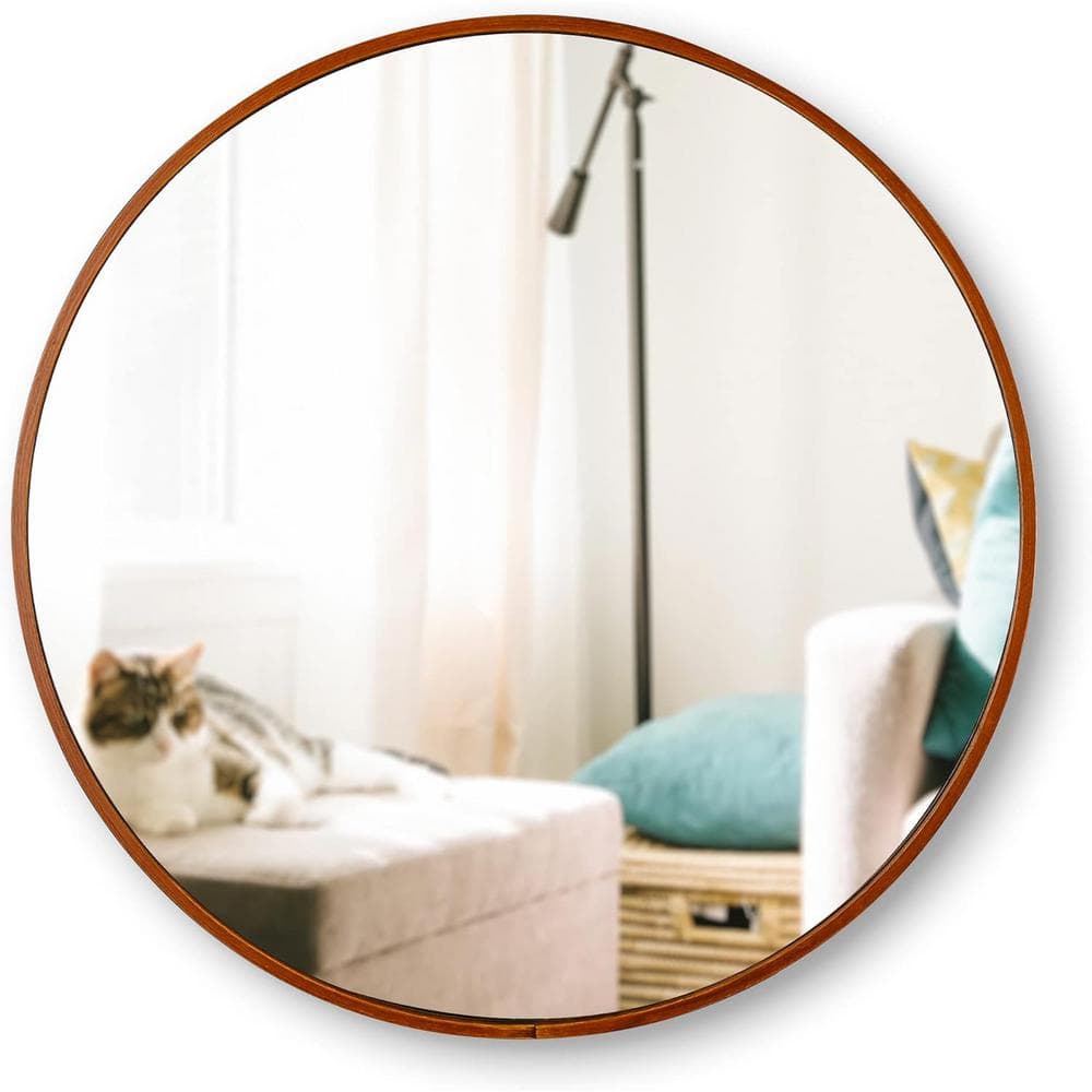 24 in. Round Bathroom Mirror with Wooden Frame Wall-mounted