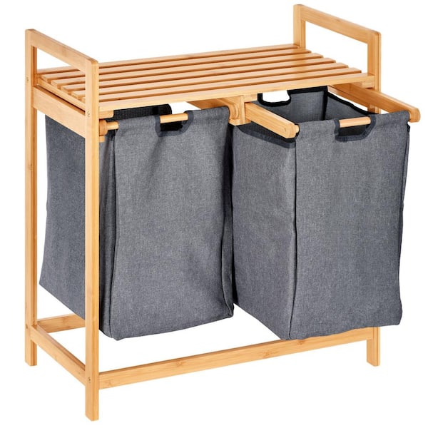 Large Bamboo Laundry Hamper Basket Clothes Storage Organiser Bag Lid Double 