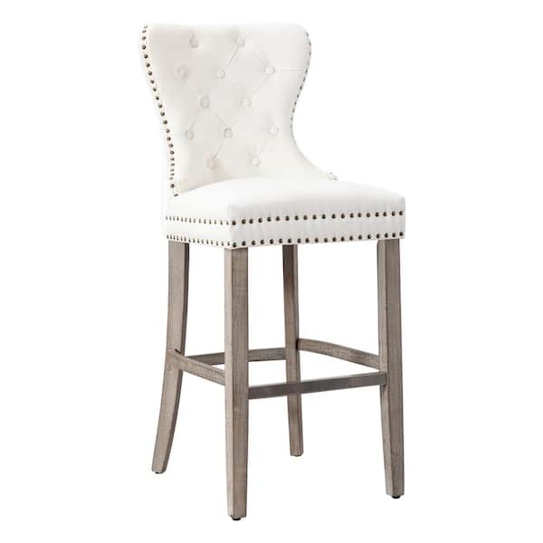WESTIN OUTDOOR Harper 29 in. High Back Nail Head Trim Button Tufted Cream Velvet Counter Stool with Solid Wood Frame in Antique Gray
