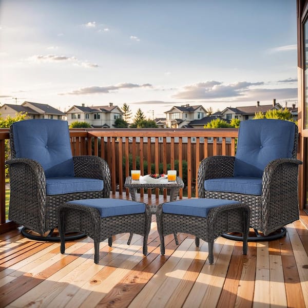 Brown 5-Piece Wicker Patio Conversation Set with Swivel Rockers, Balcony Conversation Set with Navy Blue Cushions