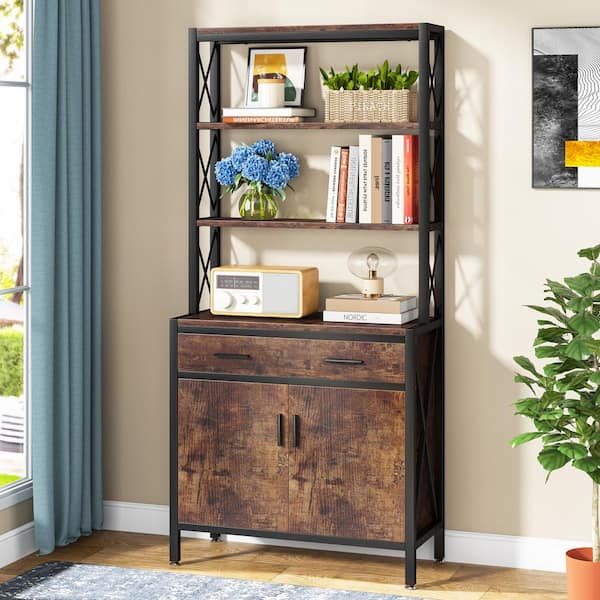 BYBLIGHT Eulas 69 in. Tall Wood 4-Shelf Bookcase with Drawer and Doors, Industrial Etagere Book Shelves Storage Cabinet