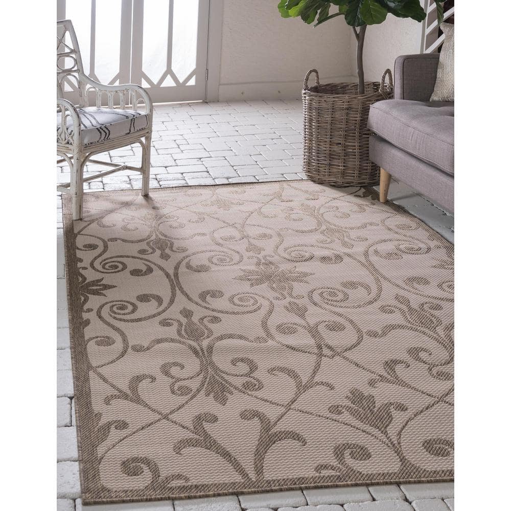 Brown and Beige Rectangular Synthetic Outdoor Area Rug