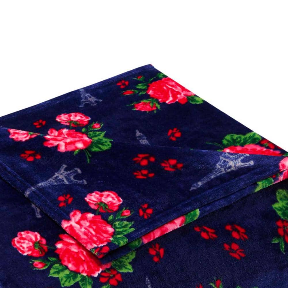 Full/Queen Navy Floral Plush Fleece Blanket