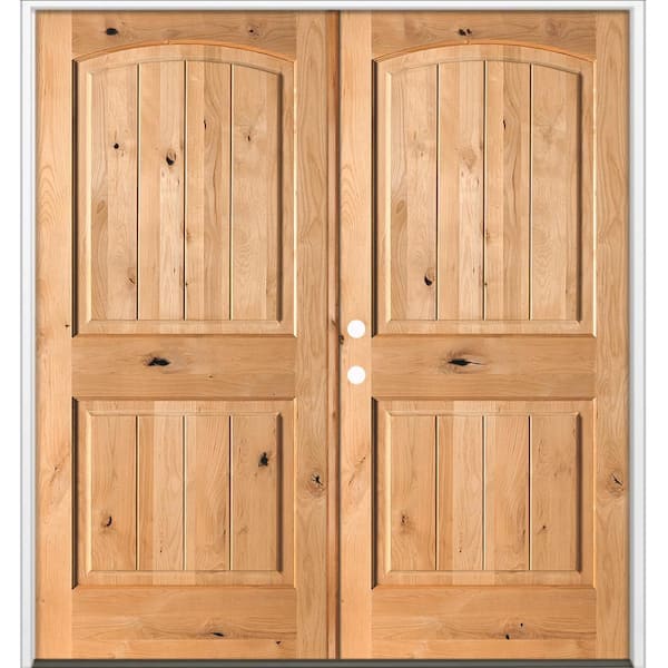 60 in. x 80 in. Rustic Knotty Alder Arch Top VG Right-Hand/Inswing BEHR Cedar Stain Double Wood Prehung Front Door