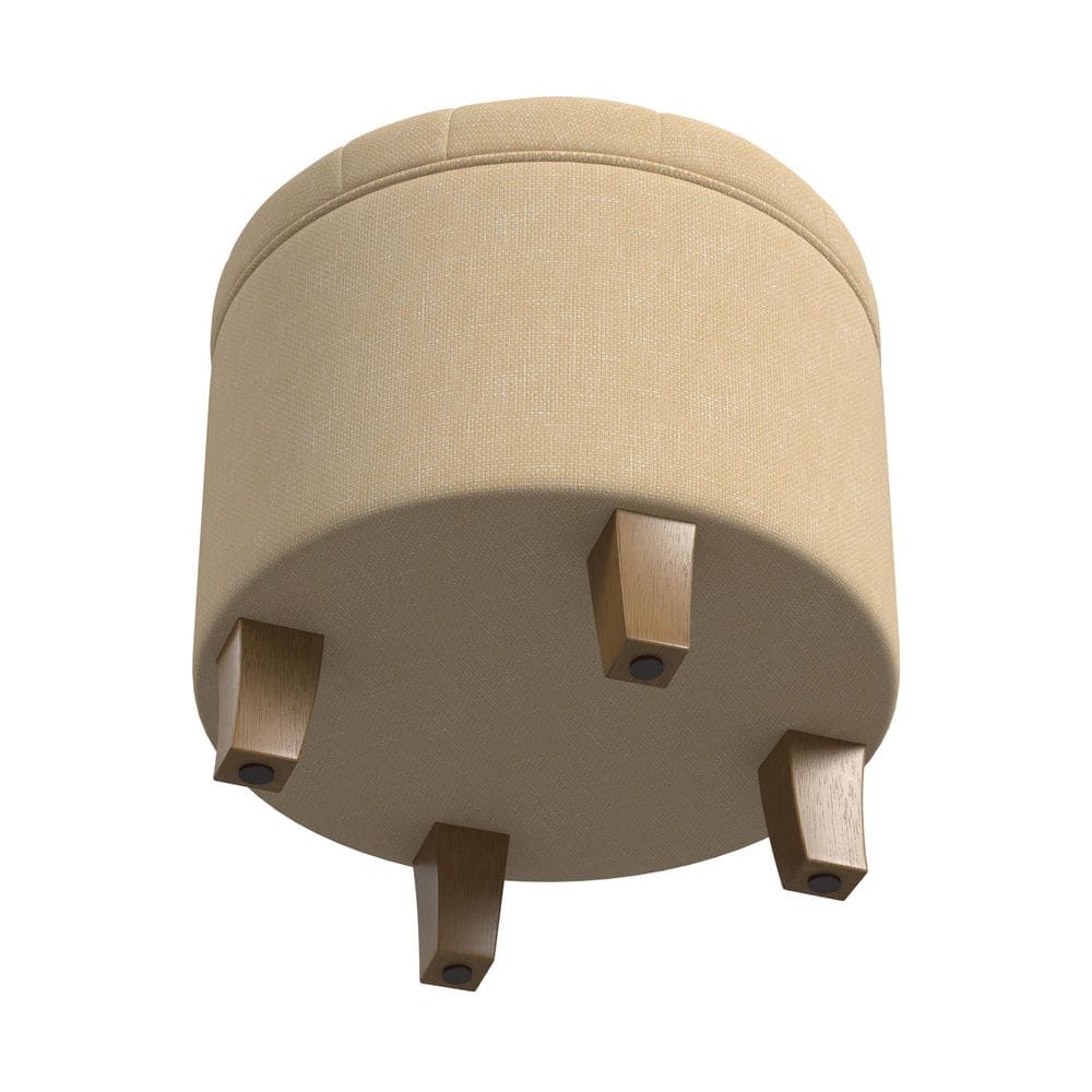 Light Tan Round Tufted Storage Ottoman with Wooden Legs