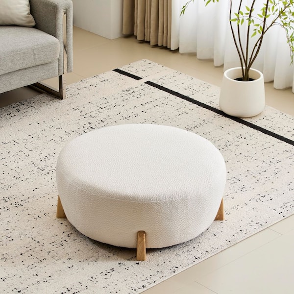 White Modern Boucle Fabric Top Round Medium Ottoman with Splayed Rubber Wood Legs